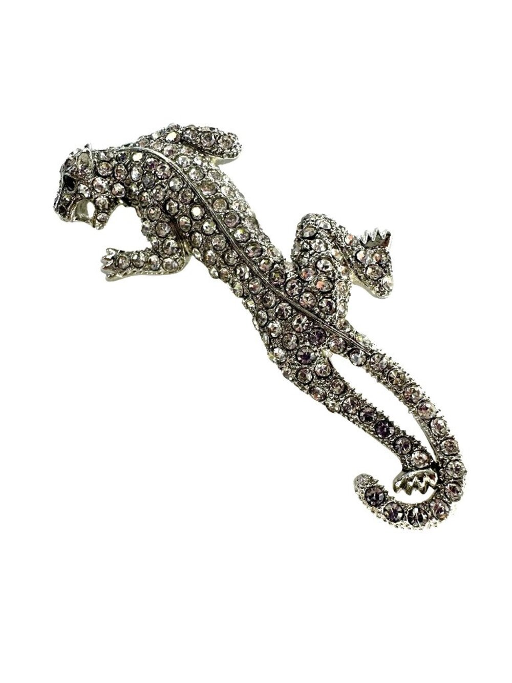 Panther Brooch Silver Tone with Clear Crystals